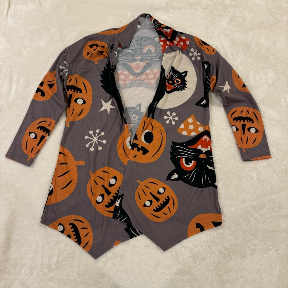 Vintage retro Halloween knit open cardigan in size medium with cats & pumpkins